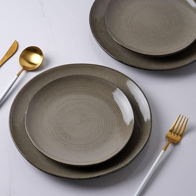 Famiware Tempus Plates and Bowls Sets for 6 18 Pieces Stoneware Dinnerware Sets Reactive Glaze Dishes Set Dishwasher &amp Microwave Safe - Dark Olive