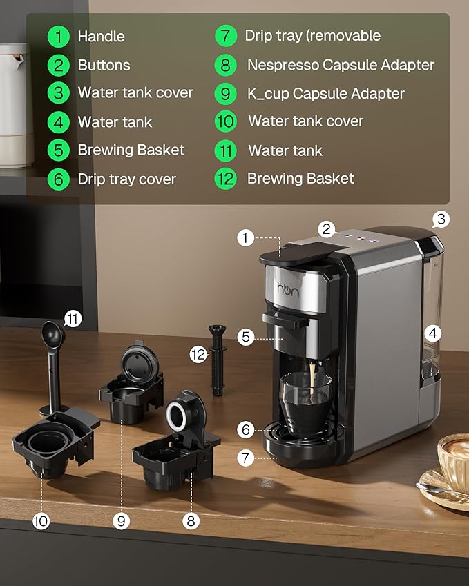 HBN 3-in-1 for Nespresso Capsule &amp K-Cup Pods &amp Ground Coffee Multi Coffee Maker Single Serve 19Bar Programmable One-Touch Brewing Espresso Machine 20oz Removable Water Tank 1450W Fast Heat