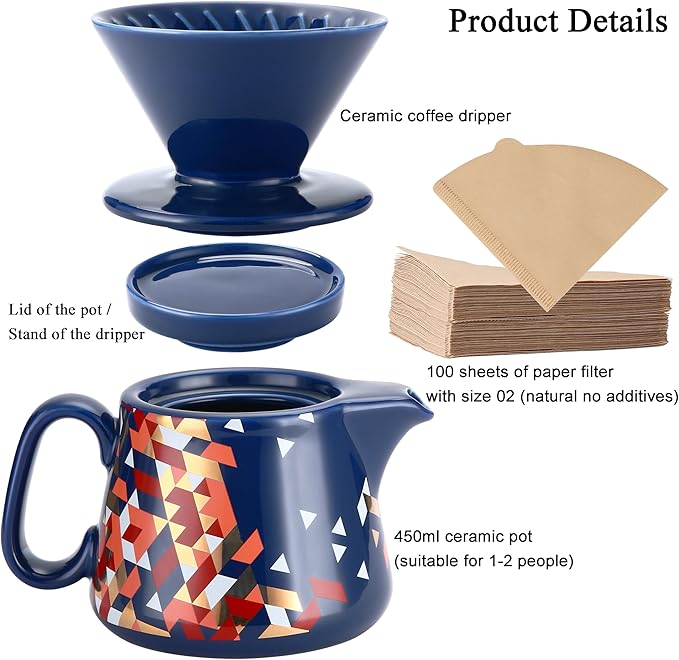 Pour Over Coffee Maker Ceramic Coffee dripper with 100 pcs Paper Filter Ceramic coffee Server with Lid 15.5oz/450 ml Suitable for 1-2 people (Blue)