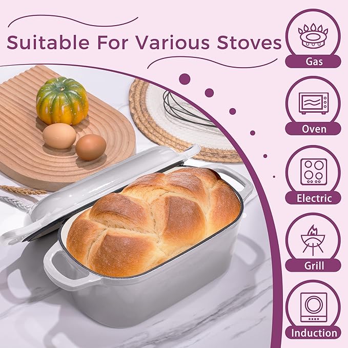 4.6-Quart Oval Dutch Oven 2 in 1 Cast Iron Bread Pan with Lid Sourdough Bread Dutch Oven for a Crispy Crust Oyster Grey