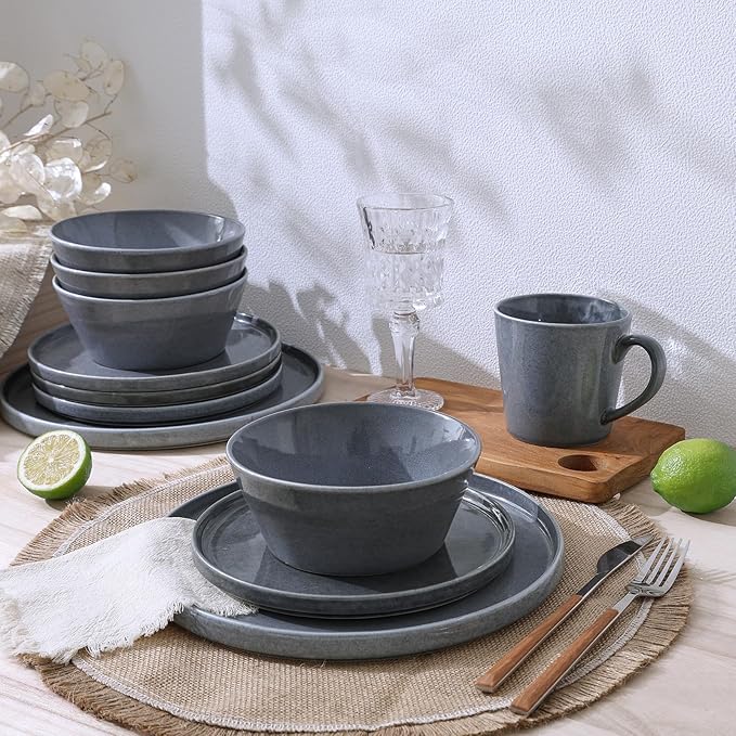 Famiware Annecy Dinner Plates and Bowls Sets Stoneware Dinnerware Sets Dishes Set for 6 18 Pieces Handmade Dishware Set - Microwave &amp Dishwasher Safe Double Reactive Glaze Tableware Misty-Blu
