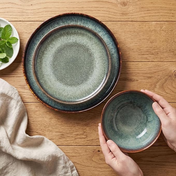 Dinner Set 12 Pieces - Round Reactive Glaze Tableware - Kitchen Dinnerware Porcelain Crockery with Dinner Plate Bowl and Soup Plate Service for 4 Microwave Dishwasher Safe Set (No.1)