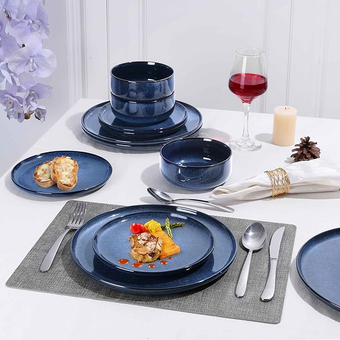 Herogo 12 Pieces Stoneware Dinnerware Sets with 7.9 Inch Porcelain Dessert Plates Set of 6 Starry Blue