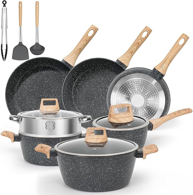Black13 Pieces Pots and Pans Set Nonstick Cookware Set Granite Cooking Set Kitchen Induction Cookware with Frying Pans Saucepans Steamer Silicone Tools Set