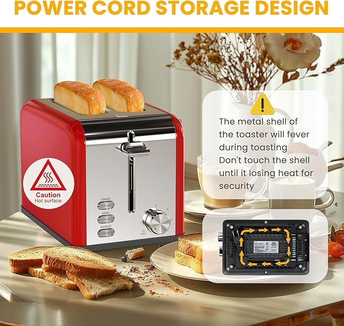 Simple Deluxe 2-Slice Toaster 6 Browning Setting and 3 Function Stainless Steel Toaster Extra Wide Slot &amp Removable Crumb Tray for Bread &amp Waffle Red