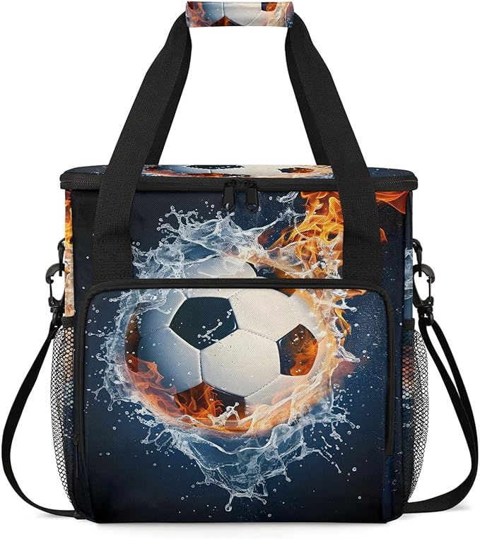 Soccer Ball On Fire And Water Travel Coffee Maker Carrying Bag Large Organizer Storage Tote Bag Insulated Reusable Cooler Grocery Bags