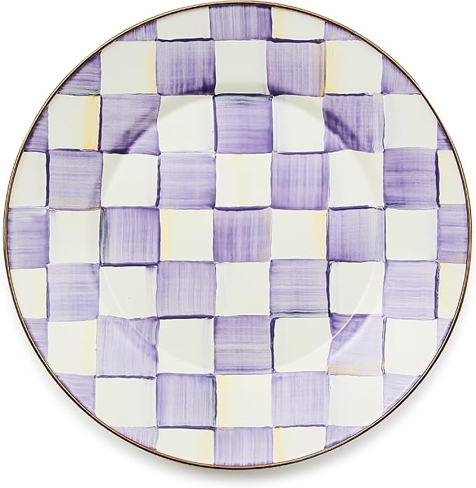 MACKENZIE-CHILDS Enamel Dinner Plate Decorative Dinnerware Plate 10 Inches Purple-and-White Violet Check