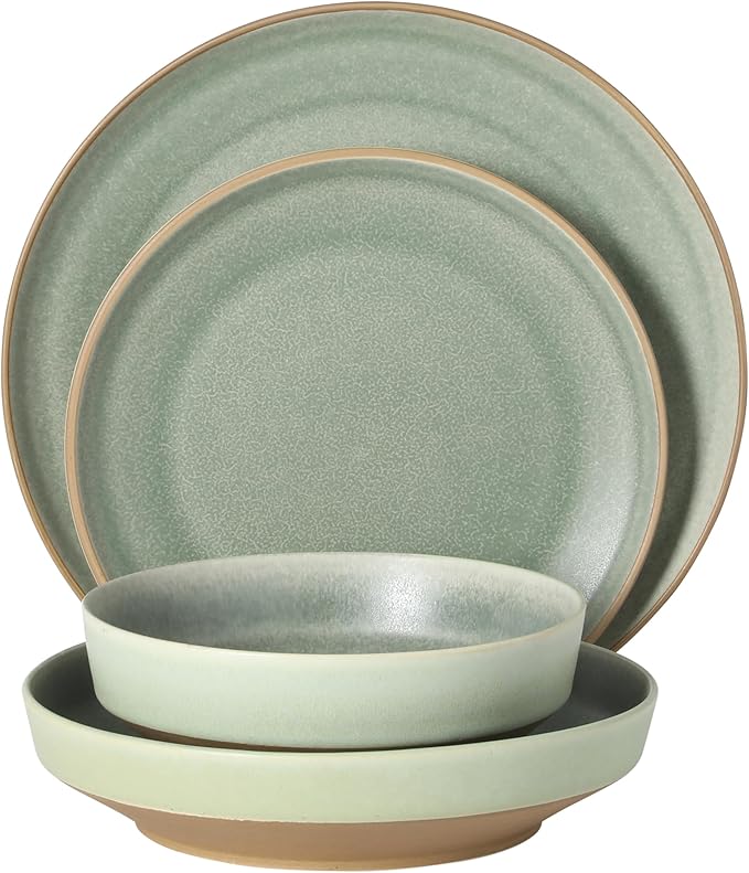 Gibson Elite Octavia Place 16 Piece Stoneware Dinnerware Set Service for 4 Coupe Modern Plates &amp Bowls Reactive Glaze Finish Green Microwave &amp Dishwasher Safe