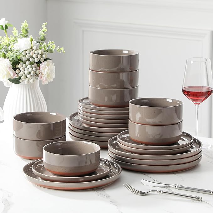 MALACASA Plates and Bowls Sets 24 Pieces Modern Ceramic Dinnerware Set for 8 Kitchen Dinner Set Stoneware Dishware Dishes Set Microwave and Dishwasher Safe Brown Series TARA