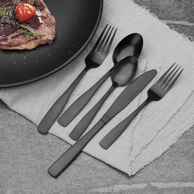 Vanys 20-Piece Silverware Set Satin Finish Flatware Cutlery Set Service for 4 Knives/Forks/Spoons Included Dishwasher Safe (Matte Black)