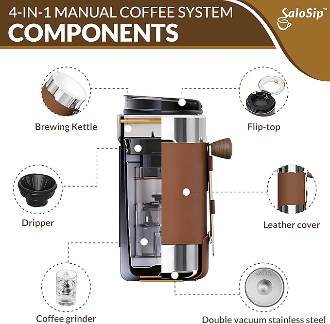 4-in-1 Portable Manual Pour Over Coffee Maker with Grinder – Travel &amp Camping Pour Over Set – All-in-One Portable Coffee Brewer Kit with Stainless Steel Kettle Thermal Mug &amp Dripper