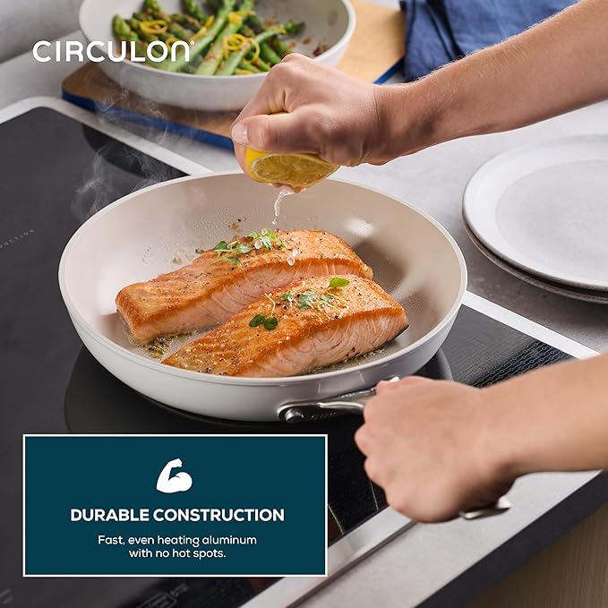 Circulon Halo with LaserDefense Ceramic Nonstick 2-Piece Skillet Set/Frying Pans Made without PFAS Compatible with All Stovetops Dishwasher and Oven Safe 8 Inch and 10 Inch Fry Pans - Pearl White
