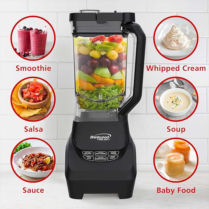 Brentwood Select JBS-1000BK Professional Smart Blender with 1000w Ice Crushing Power Large 8.5-Cup Plastic Jar Stainless Steel Blades Non-Slip Base Dishwasher-Safe Parts Black