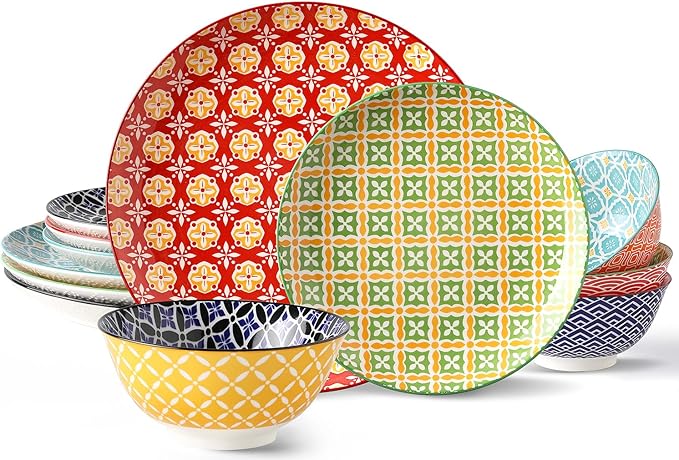 Ceramic Dinnerware Sets for 4 12 Pieces Plates and Bowls Set with Vibrant Color Stoneware Dishes Set Dishwasher &amp Microwave Safe