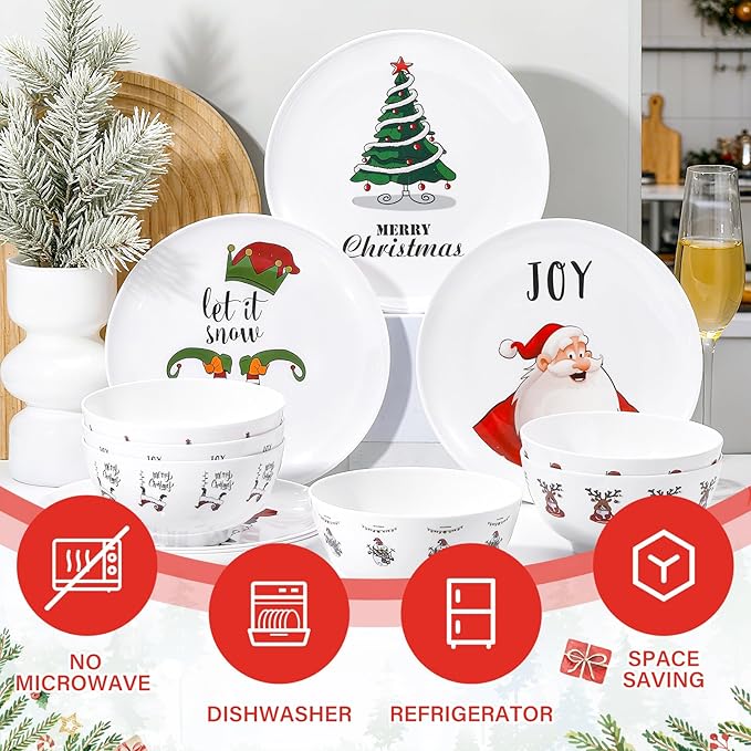 12 Pcs Christmas Melamine Dinner Plates and Bowl Service for 6 Guest with 6in Bowl 10in Plates Reusable Dinnerware Sets Xmas Party Supplies Gifts Festive Holiday Tableware Collection