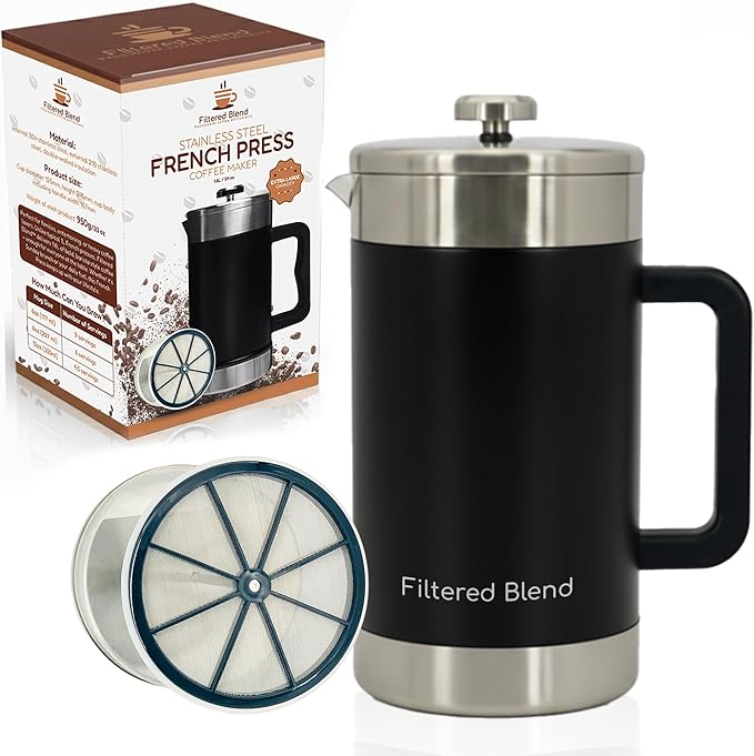 1.6L French Press Coffee Maker 54oz Large Capacity French Press Stainless Steel Brewer with Double Filter Mesh for Kitchen Travel Camping Hot &amp Cold Brew Coffee Maker Gifts (Black)