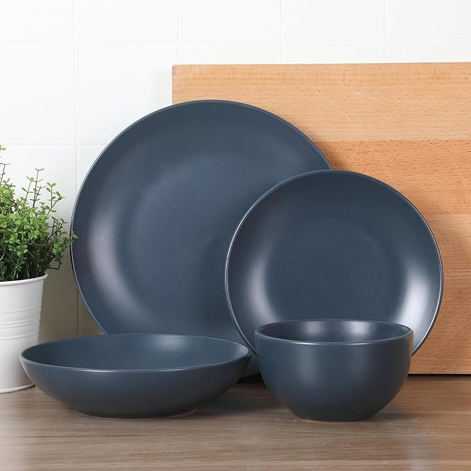 Gibson Home Queenslane 16-Piece Matte Blue Stoneware Dinnerware Set – Double Bowl Plates and Bowls Durable Kitchen Dinner Set