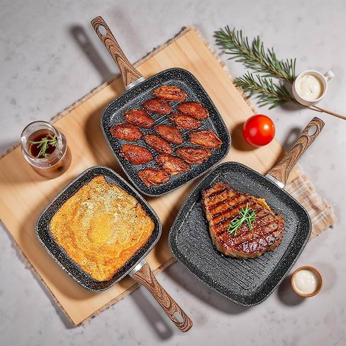 NEWBULIG 3-Piece Nonstick Grill Pan Set Square Griddle Pans with Wooden Handle Compatible with All Stovetops Ideal for Steak BBQ &amp Vegetables (9.5 10.2 11) Black
