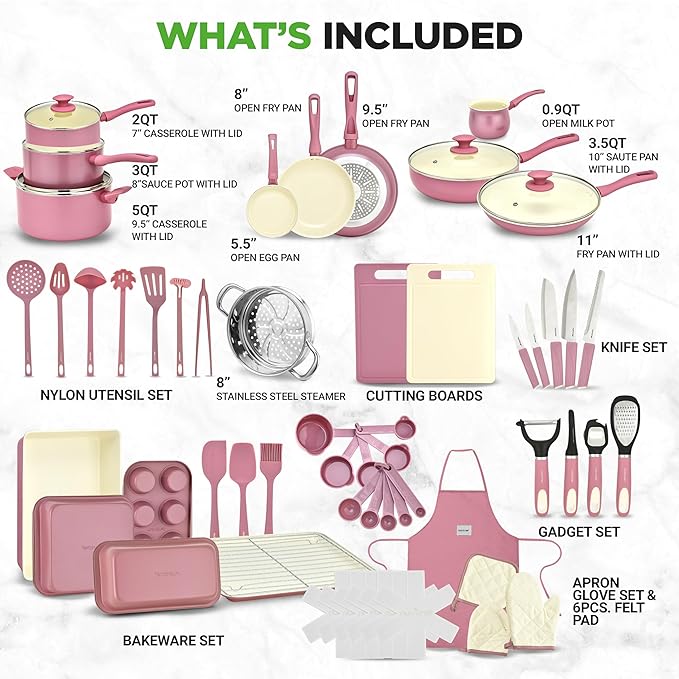 NutriChef 54-Piece Kitchen Cookware Set – Complete Non-Stick Ceramic Pots and Pans Set with Utensils Bakeware and Knife Set Gas Electric &amp Induction Compatible Blush Pink Kitchen Essentials