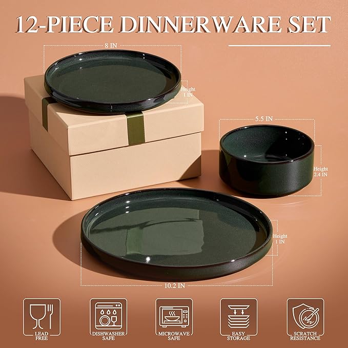 Vesteel 12-Piece Dinnerware Set Ceramic Tableware Reactive Glaze Plates and Bowls Sets Healthy Yixing Purple Clay Dishes Set Dishwasher &amp Microwave Safe - Blackish Green
