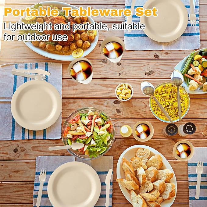 LemonRoad 6 Set College Dorm Dishes Essential Kit Plates and Bowls Back to School Beige Room Dishes Set with Storage Mesh Bag Cup Microwave Dinnerware Picnic for RV Camping