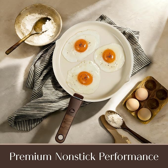 CAROTE 22Pcs Titanium Cookware Set Pots and Pans Set Non Stick Kitchen Cooking Set with Detachable Handle Non Toxic Induction Cookware Dishwasher/Oven Safe Browm