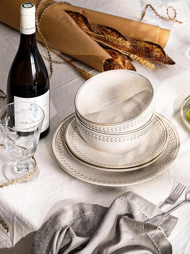 LE TAUCI Dinnerware Sets for 4 12 Piece Ceramic Dish Set with Plates and Bowls | Oven/Dishwasher/Microwave Safe | Ideal for Housewarming | Reactive Beige (10 Plate+8 Dish+27oz Bowl)