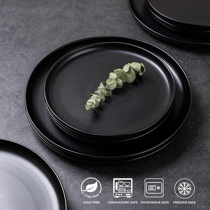 AmorArc Ceramic Dinnerware Sets Wavy Rim Stoneware Plates and Bowls SetsDishwasher &amp Microwave &amp Oven Safe Dishes set Service for 4 (12pc)-Matte Black