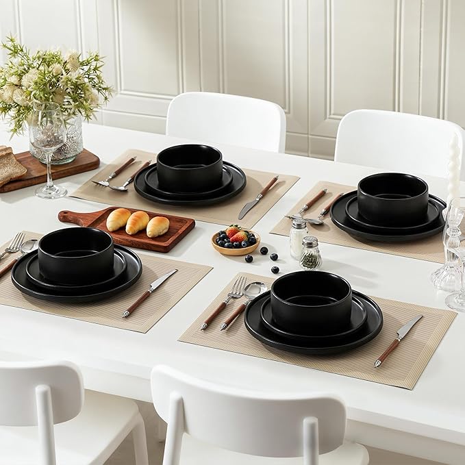 12 Piece Dinnerware Set Modern Minimalist Stoneware Plates and Bowls Sets Modern Dinner Plate Salad Plate Cereal Bowl Dish Set for 4 Microwave and Dishwasher Safe Matte Black