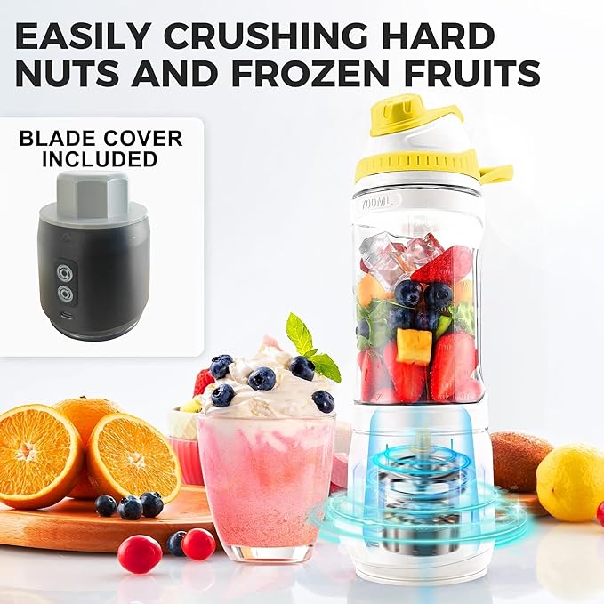 Portable Blender Anti-Jamming 300 Watt for Shakes and Smoothies 24oz Travel Blender USB Rechargeable BPA Free Sporty bottle with a Travel Lid. (Black Base Grey Lid) (White Base Green Lid)