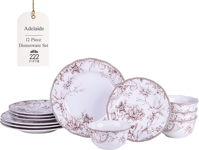 222 Fifth Adelaide Brown on White 12-Piece Dinnerware Set – Service for 4 Big Dinner Plates and Bowls SetsDurable Porcelain Microwave and Dishwasher Safe for Everyday Dining &amp Entertainment