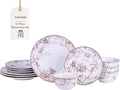 222 Fifth Adelaide Brown on White 12-Piece Dinnerware Set – Service for 4 Big Dinner Plates and Bowls SetsDurable Porcelain Microwave and Dishwasher Safe for Everyday Dining &amp Entertainment