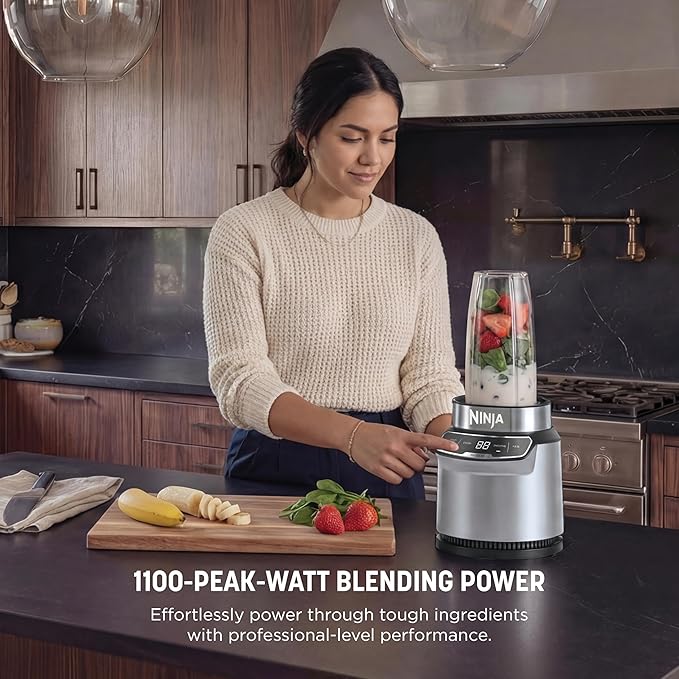 Ninja | Blender | Nutri Pro | Single Serve | For Smoothies Salsa Shakes and Frozen Drinks | Includes 2 Smoothie Cups &amp Lids | Crushes Ice Fruit &amp Veggies |Silver | BN401