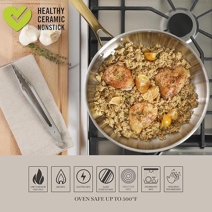 Martha Stewart Castelle 12-Inch Stainless Steel Frying Pan with Gold-Tone Handle – Tri-Ply Encapsulated Bottom Oven Safe &amp Induction Safe Skillet for Searing and Sautéing