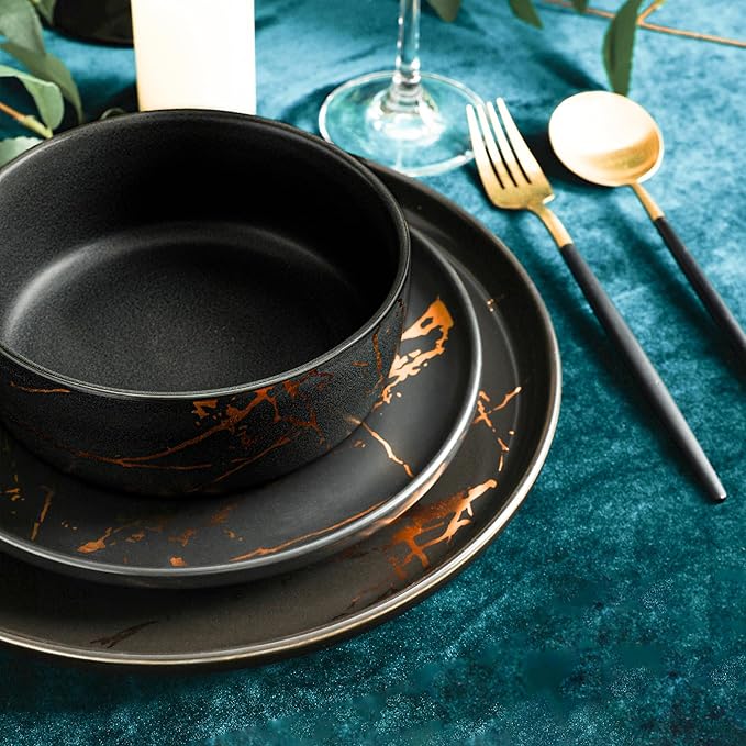 Stone Lain Porcelain 32 Piece Dinnerware set 8 Full Black Gold Splash Sets