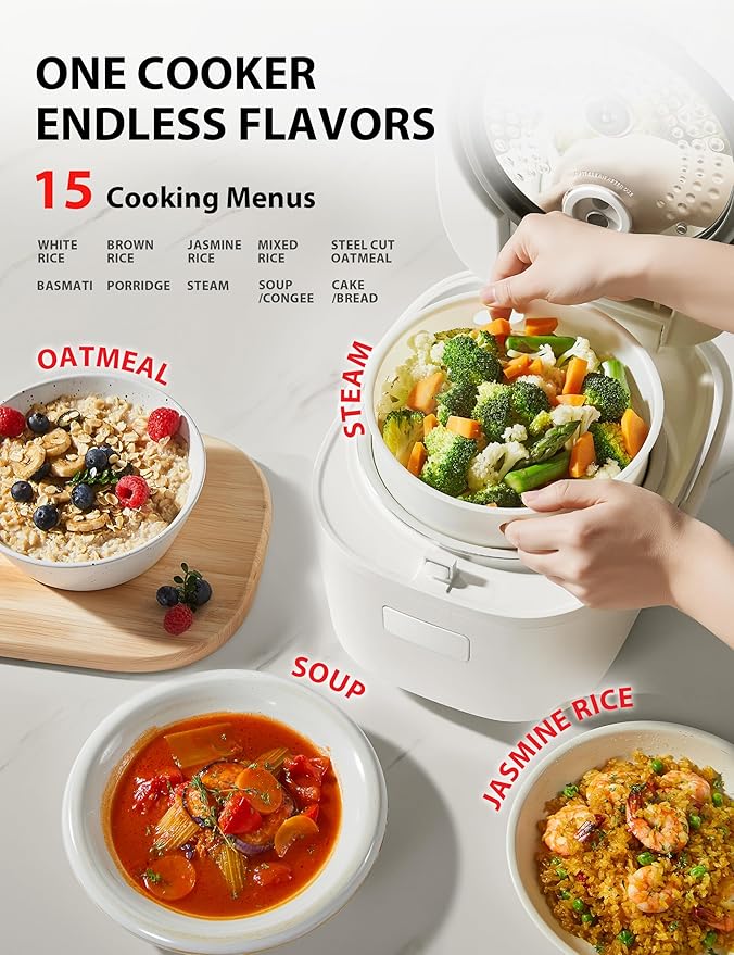 TOSHIBA OriginTaste Rice Cooker 5.5-Cup Uncooked Fuzzy Logic 15-in-1 Functions Digital Display Delay Timer Keep Warm Nonstick Inner Pot White