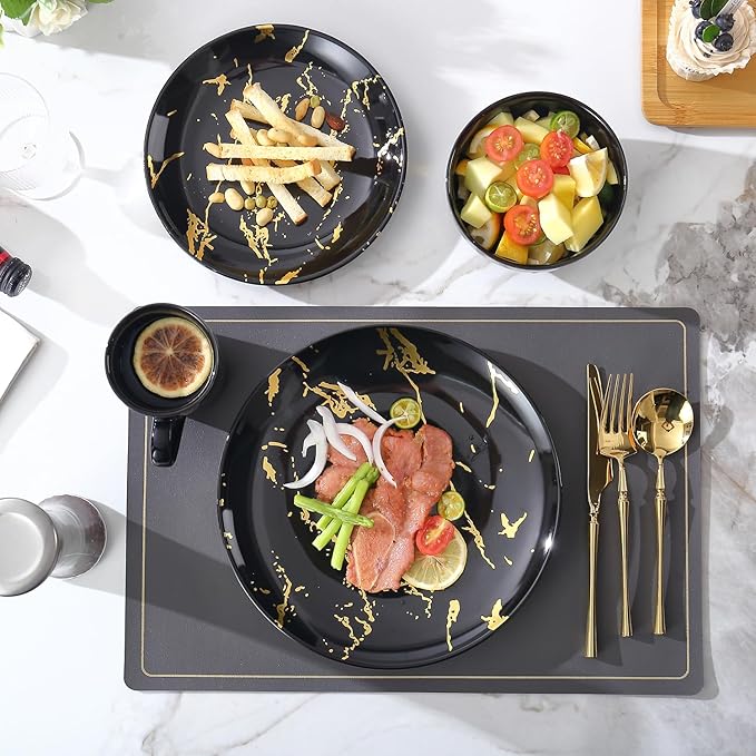 Modern Porcelain 16 Piece Black Dinnerware SetPlates and Bowls SetsGold Dish Set for 4Black Dinnerware SetDinner Sets with Dinner Plates