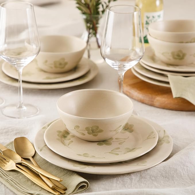 Bloomhouse - 2 Time Oprah's Favorite Things - Made in Portugal Hand Painted Dinnerware Set - Porto Petals 12 Piece (Service for 4) Floral Plates and Bowls Set - Green Orchid