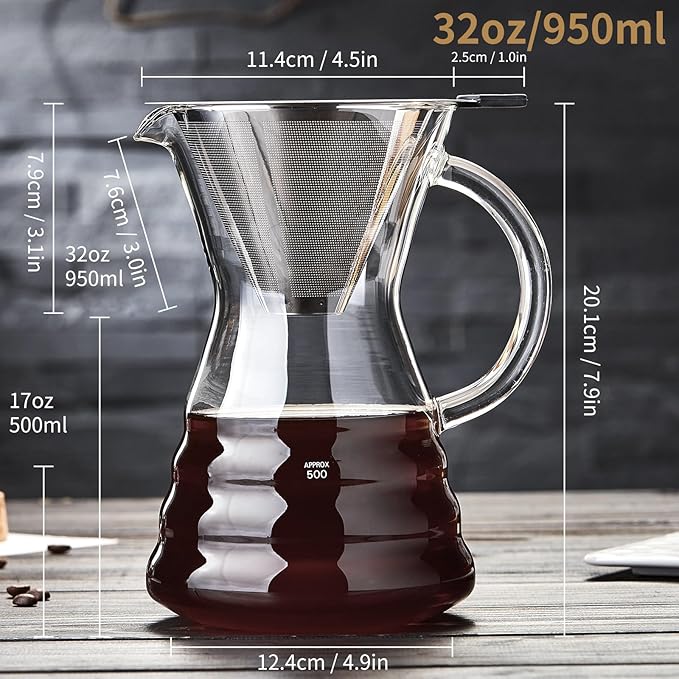 Unbreakable - Pour Over Coffee Maker with Permanent Stainless Filter 27 fl oz Thickened Heat-Resistant Borosilicate Glass Dripper Coffee Brewer Stovetop Safe