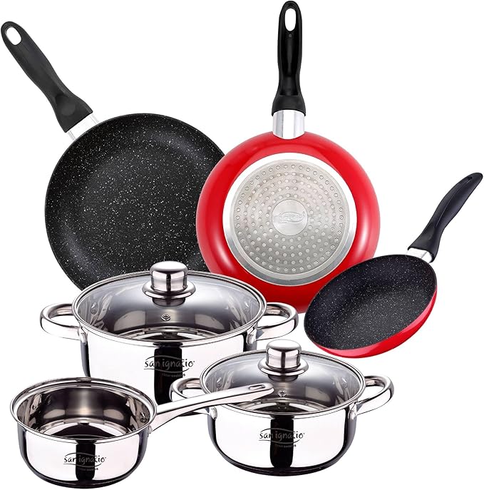 Cassel 5-Piece Set + Set of 3 Pans Diameter 16 / Diameter 20 / Diameter 24 cm Red Pressed Aluminium Non-Stick Coating Induction