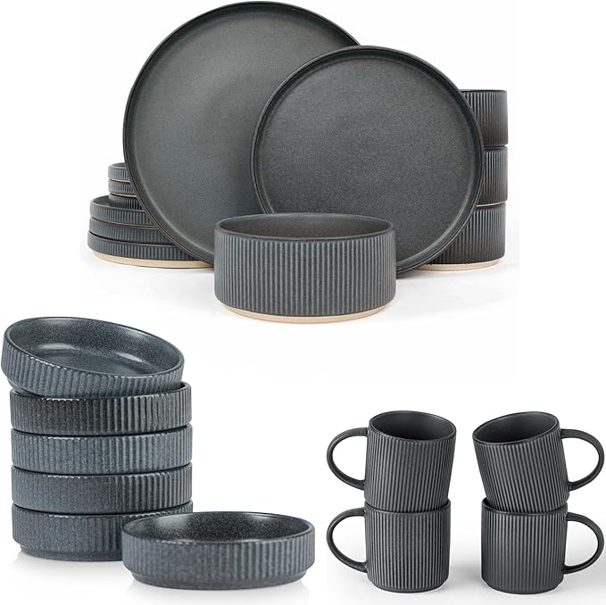 Famiware Dinnerware Set for 4 (12 Piece) and Coffee Mug Set for 4 (12 oz) - Matte Dark Charcoal