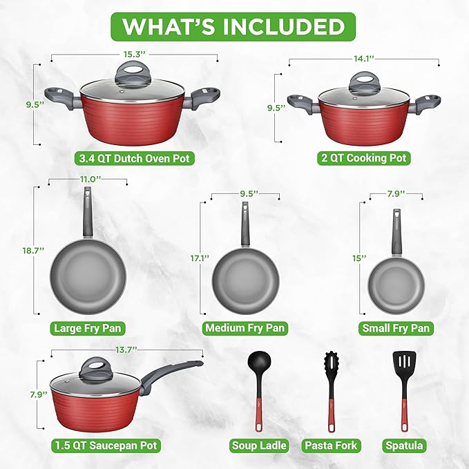 NutriChef 12-Piece Hard Anodized Nonstick Cookware Set - Induction Ready Pots &amp Pans with Elegant Ridge-Line Pattern Heat-Resistant Lacquer Red