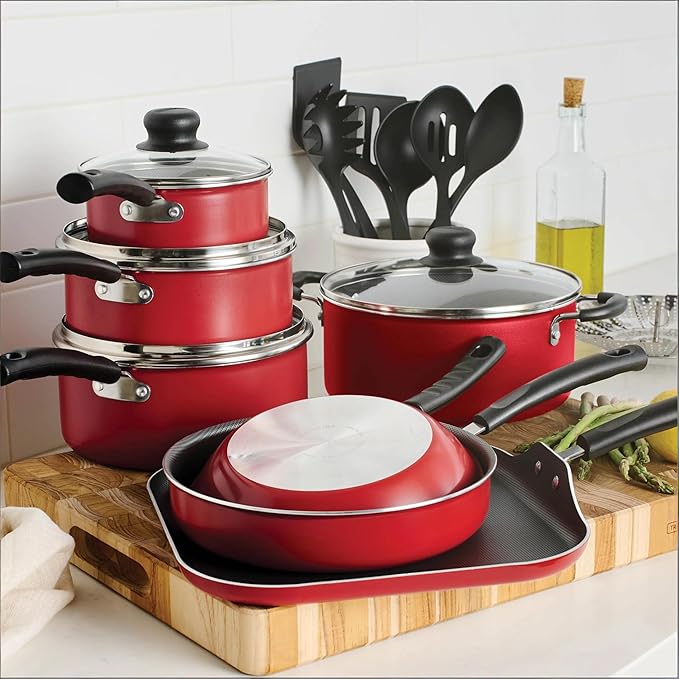 18-Piece Red Non-Stick Cookware Set Includes Multiple Pots Pans &amp Steamer Universal Stovetop Dishwasher Safe Lightweight Aluminum Kitchen Cookware
