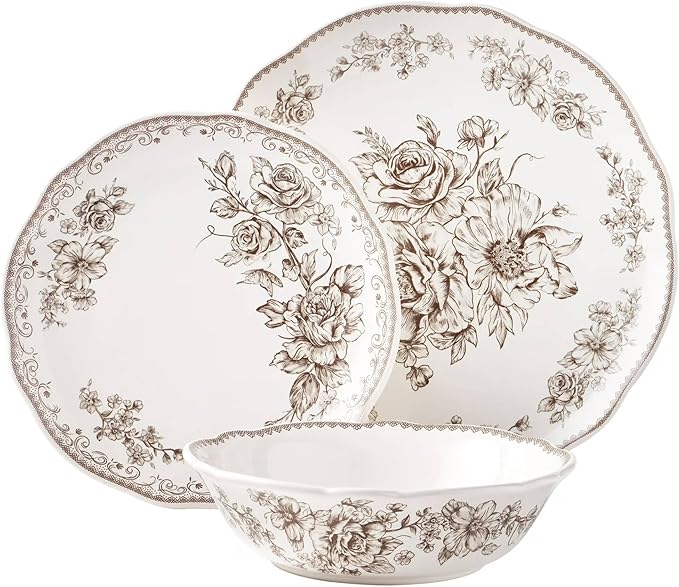 Agatha 12-Piece Stoneware Dinnerware Set – Service for 4 Rustic Farmhouse Plates &amp Bowls Vintage Floral Design Microwave &amp Dishwasher Safe (Brown)
