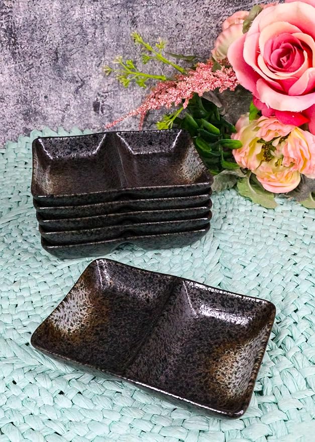 Ebros Gift Artistic Charcoal Grey Tone Hakumu Collection Dinnerware Serveware Kitchenware Set Asian Japanese Restaurant Supply (Pack Of 6 Dual Compartment Rectangle Sauce Dishes)
