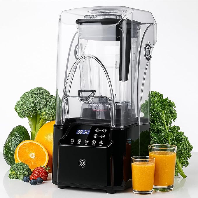 2200W Quiet Commercial Blender with Soundproof Shield – 2.2L Countertop Smoothie Maker with Smart Touch Screen – High Speed Food Blender for Ice Juices Shakes Restaurants Home UseBlack