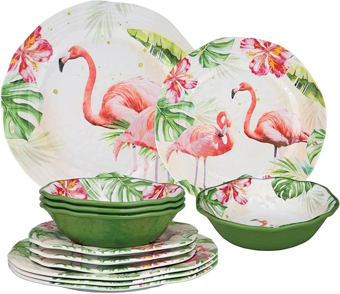 UPware 12 Piece Flamingo Melamine Dinnerware Sets Outdoor Dishes Set Plates and Bowls Sets Service for 4 Multicolor