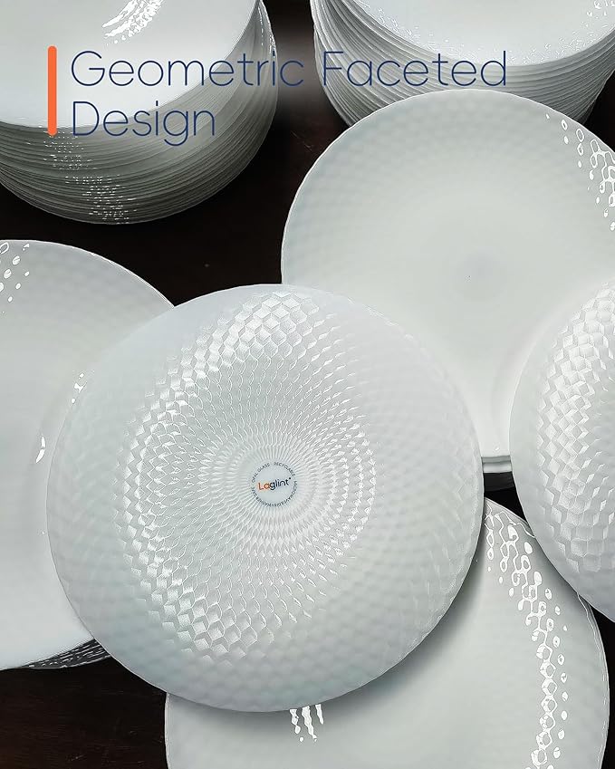 Dinnerware Sets Light &amp Durable 18 Pieces Opal Glass Plates and Bowls Set Dishwasher and Microwave Safe Dish Dinning Ware Thin but Strong Geometric Faceted White