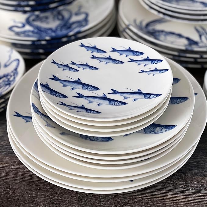 Caskata School of Fish Appetizer Plates Set of 4 | High-Design Lead-Free Porcelain Dinnerware Dessert Plates Set | Blue Dinnerware Set for Entertaining Everyday Wedding or Birthday Gifts | 6.35 in