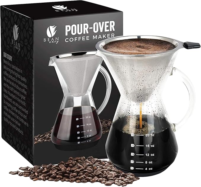 Bean Envy Pour Over Coffee Maker High-Heat Borosilicate Glass with Reusable Stainless Steel Filter Glass Coffee Maker (20 Oz)